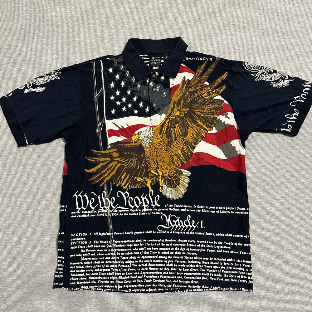 Cotton Traders Sport Patriotic Eagle Constitution AOP Polo Shirt Y2K Mens Large